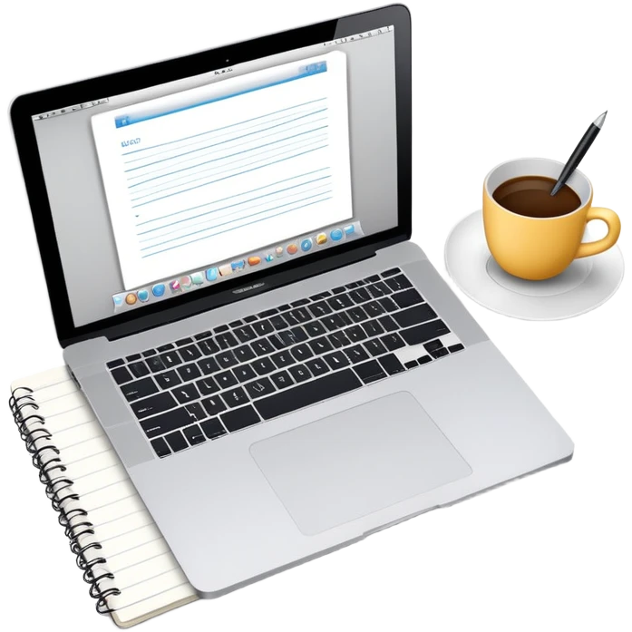 top view of a MacBook, open notebook with notes, and pen beside them emoji