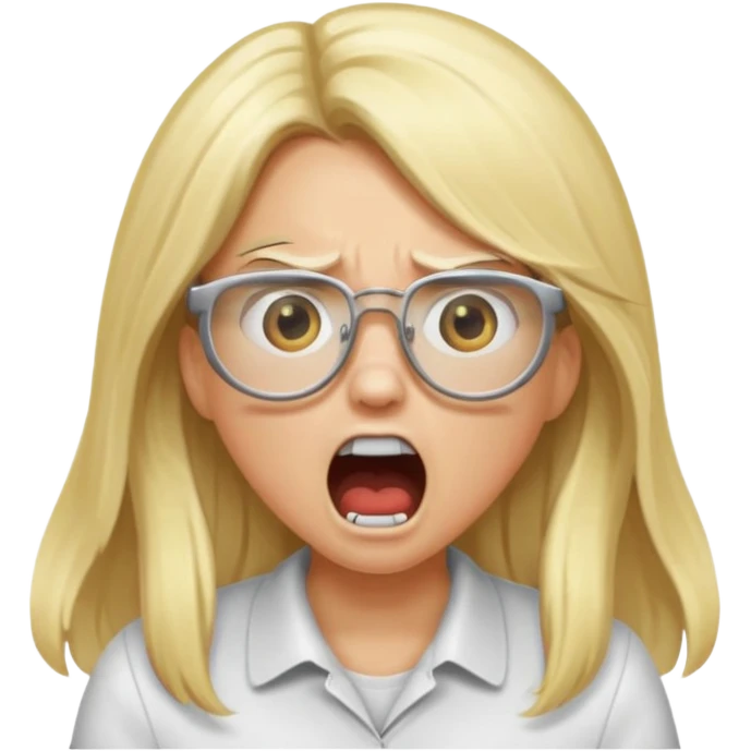 blonde girl with long hair, white glasses, shouting angry emoji