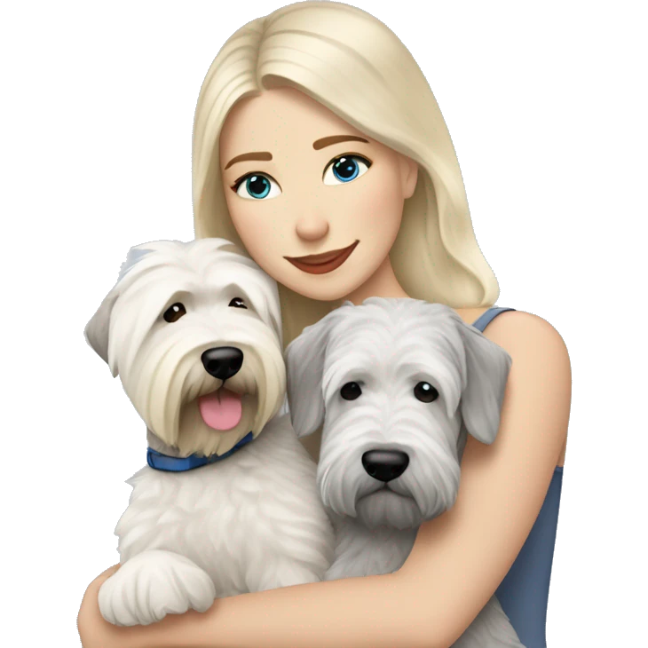 pretty woman blonde hair blue eyes hugging a white and gray soft coated wheaten terrier dog emoji