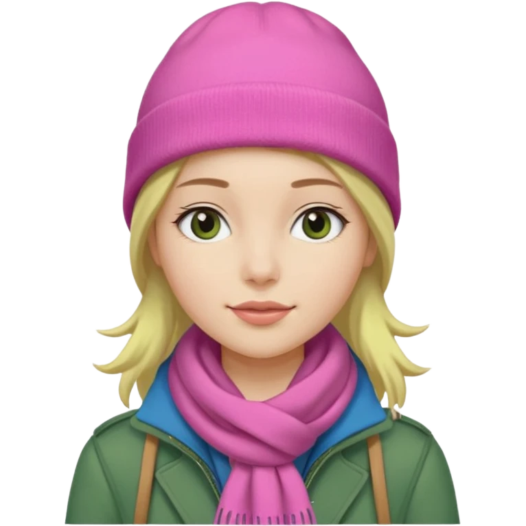 una mujer con: pink beanie, green bufanda and long blue jacket emoji