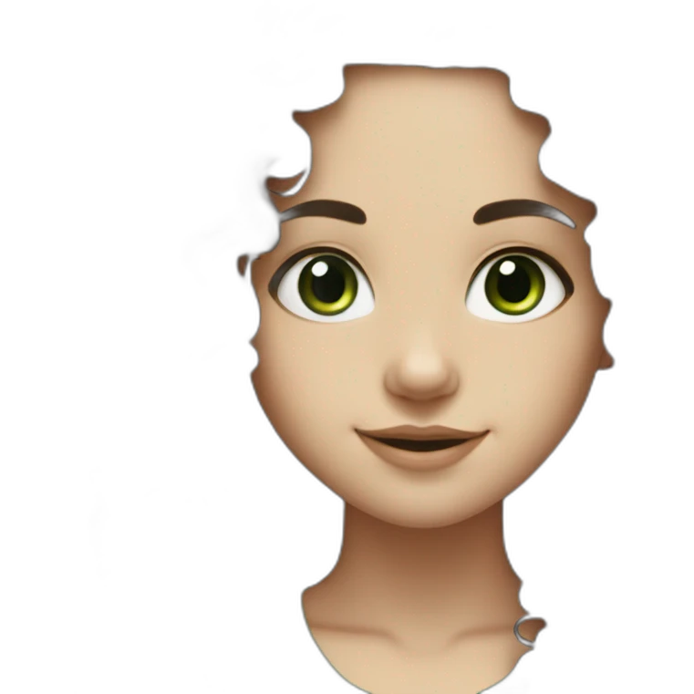 White girl with long black curly hair and green eyes smiling emoji