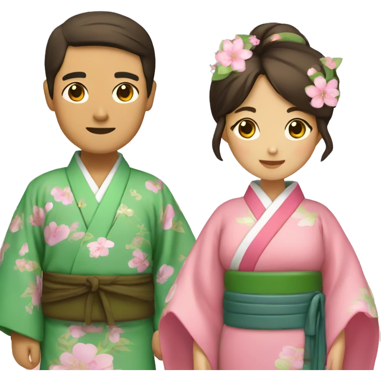 asian couple in kimono - man wearing green and brown, woman wearing pink with flora emoji