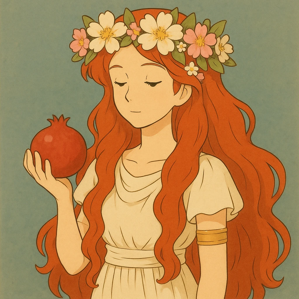 Add a crown of flowers to Persephone's head, keeping the Ghibli style and her red hair, elegant and ethereal. emoji