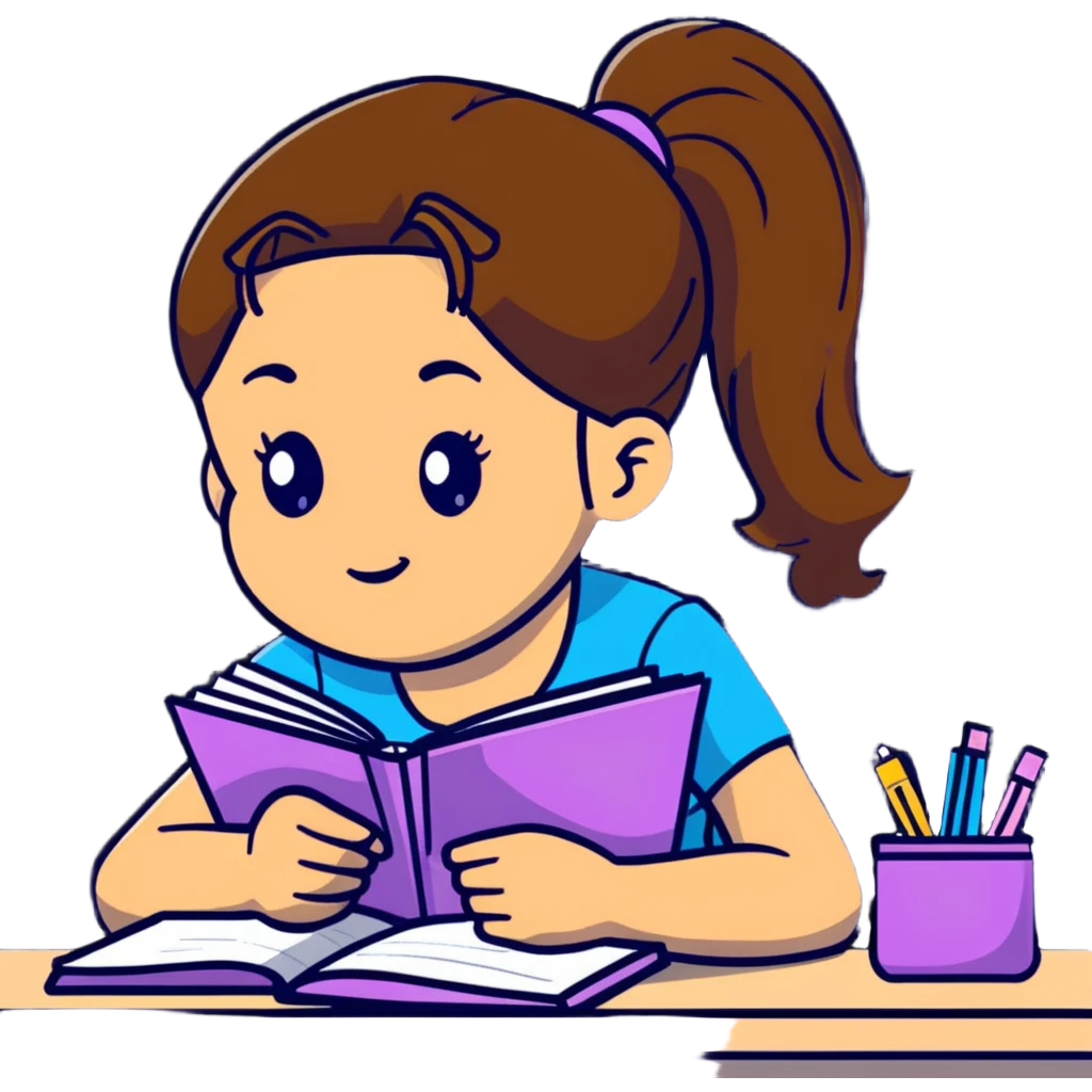 Girl with ponytail reading a notebook while sitting at desk emoji