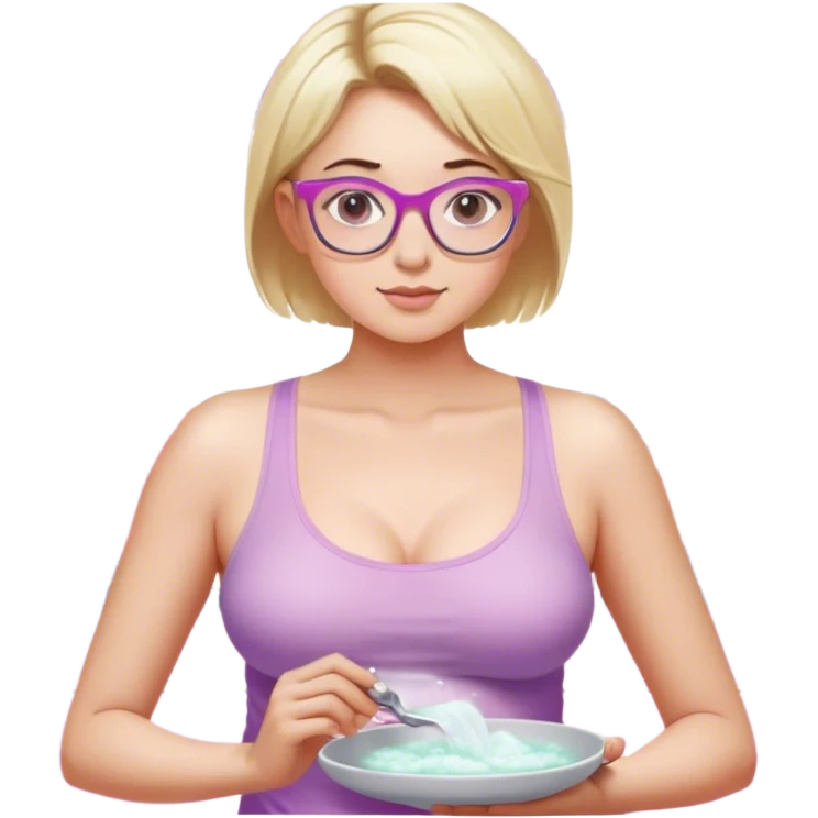 Thick fair skinned woman, short blond hair, small light purple reading glasses, washing dishes, sheer pink tank top, showing natural breast shape SFW, black yoga pants, thick booty emoji