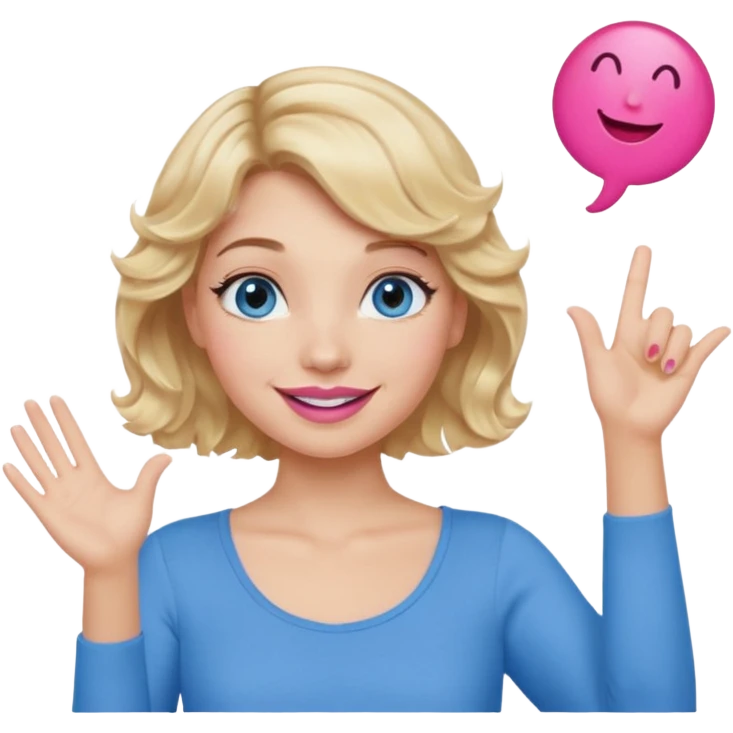 Girl Blonde short wavy hair,  blue eyes, cute blue top, long lashes, pink lips, smiling, hand in the air emoji