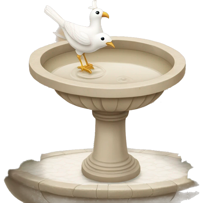 Vintage beige bird bath with a white bird in courtyard  emoji