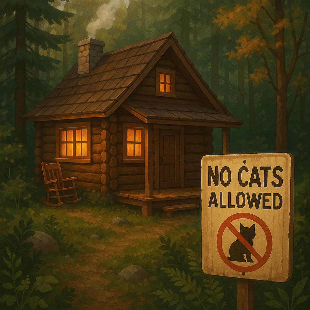 cozy cabin in the woods with a 'No Cats Allowed' sign, surrounded by nature emoji