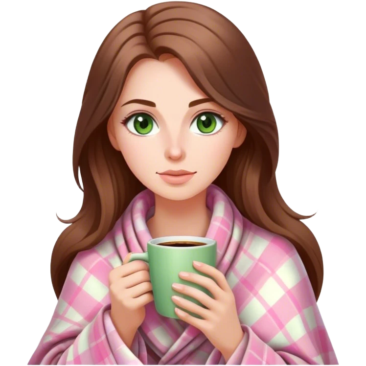 A pretty white woman with long brown hair and green eyes wrapped in pastel pink plaid blanket drinking coffee emoji