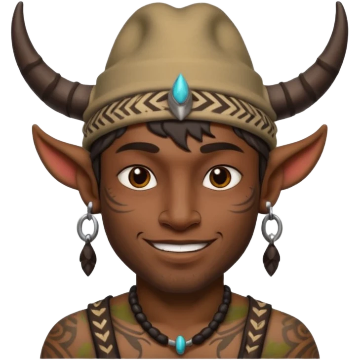 Man with horned hat — tribal tattoos, smirk. emoji