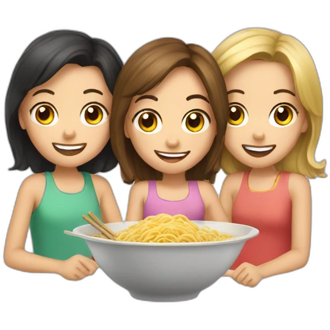 Three girls sharing a bowl of noodles emoji