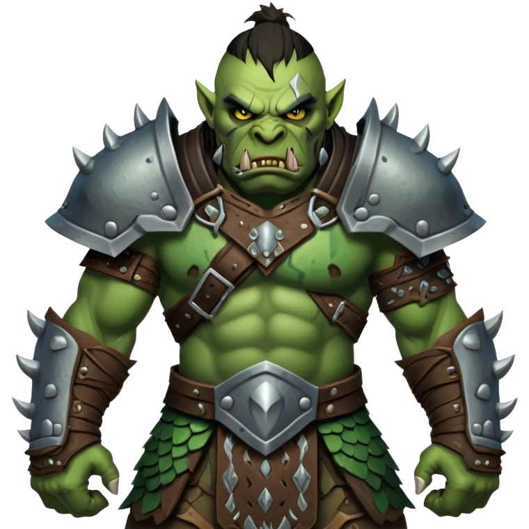 Cinematic Realistic WoW Orc Warrior Portrait, captured in a dynamic, battle-ready stance, muscles bulging beneath intricately detailed tribal armor accented with dark leather and iron. His fierce, determined eyes and battle-scarred green skin are rendered with dramatic natural lighting and high shine, exuding raw, relentless fury in a fierce combat pose. emoji