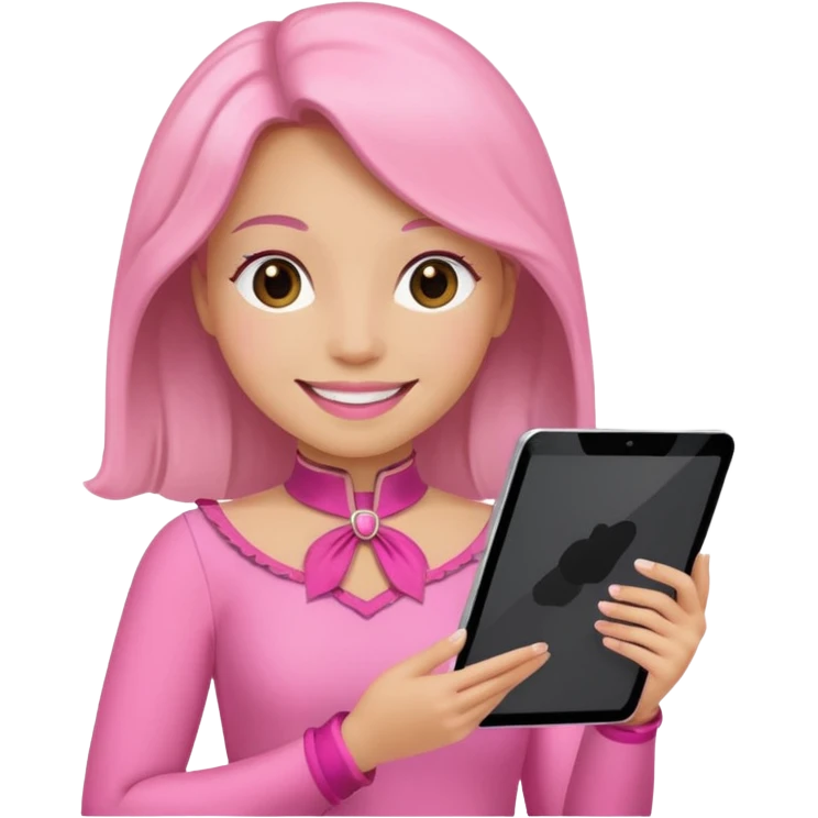 woman with pink costume with tablet emoji