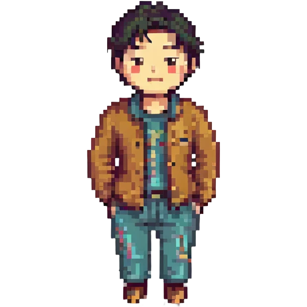 a poor Korean man, simple clothing, humble expression, pixel art style emoji