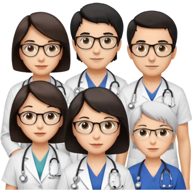 Create four doctors grouped together. Place a female doctor with dark brown short bob hair prominently in the front. Behind her, include:

a doctor with white hair wearing glasses,

a young male doctor with black hair and no glasses,

and a female doctor with black short bob hair wearing glasses. emoji