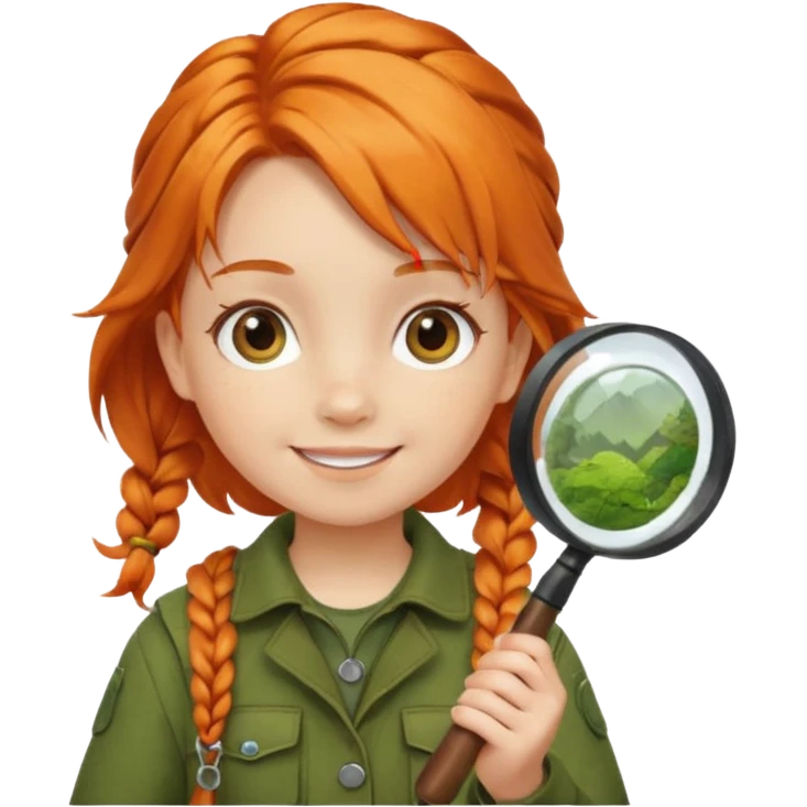braid orange haired girl kid in moss green explorer outfit, holding magnifying glass, smile emoji