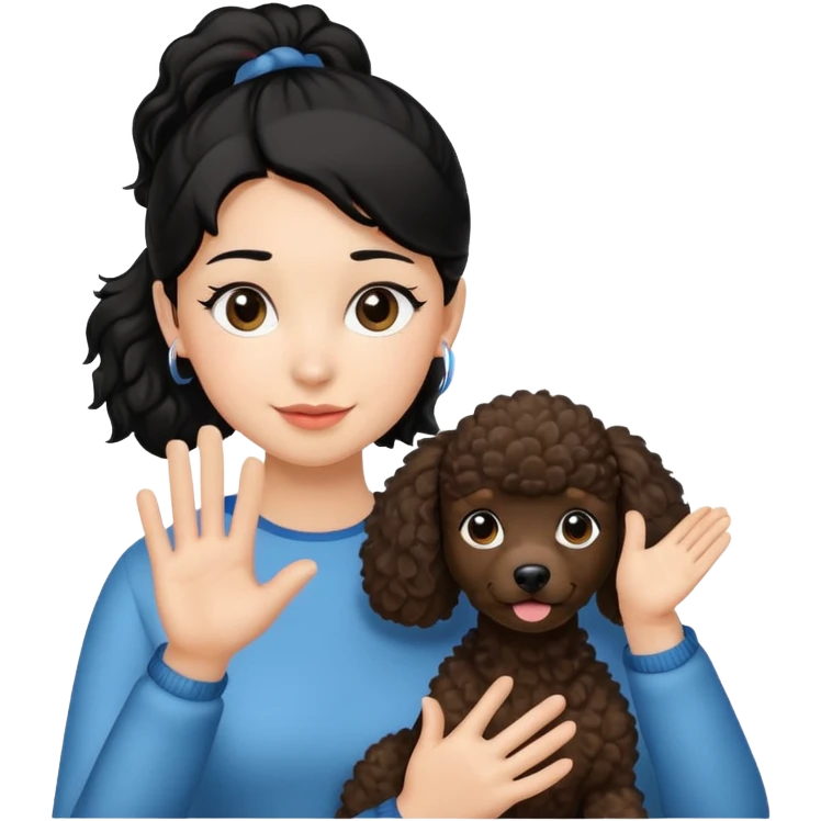 Ponytail black hair girl with brown Poodle say goodbye  emoji