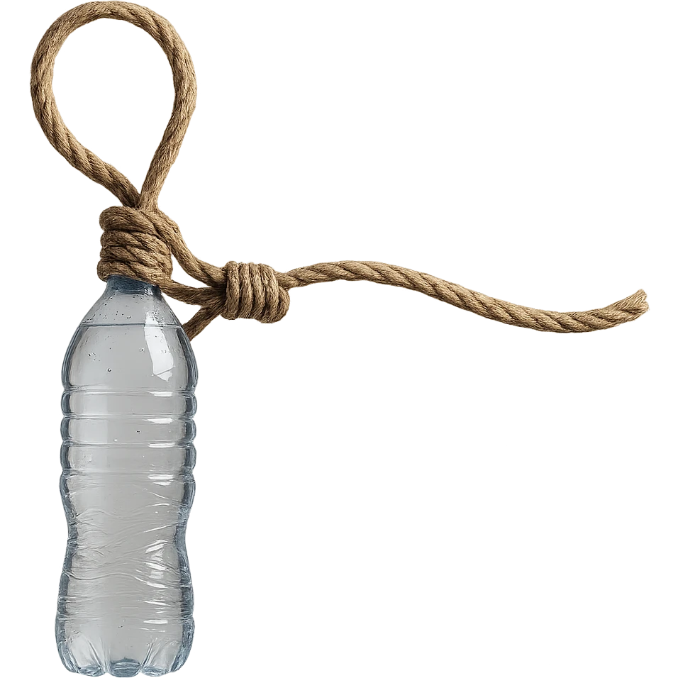 Make the rope longer with a loop as in the reference image, replacing the cheese with a clearly visible water bottle. The style should be realistic with natural details and no background. emoji