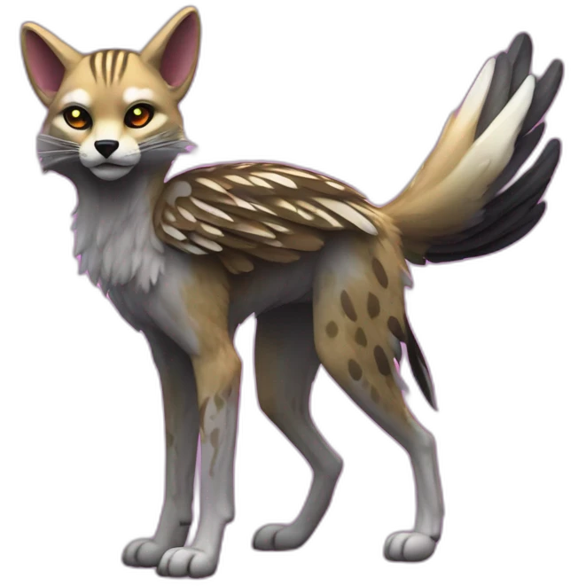Coyote ocelot standing with grey and black fur and phoenix wings on back and pink ears half skeleton, neon lights emoji