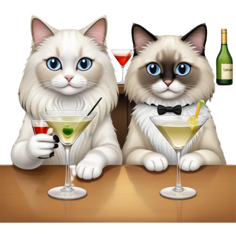 Ragdoll cat drinking martini at the bar with a black and white cat friend emoji