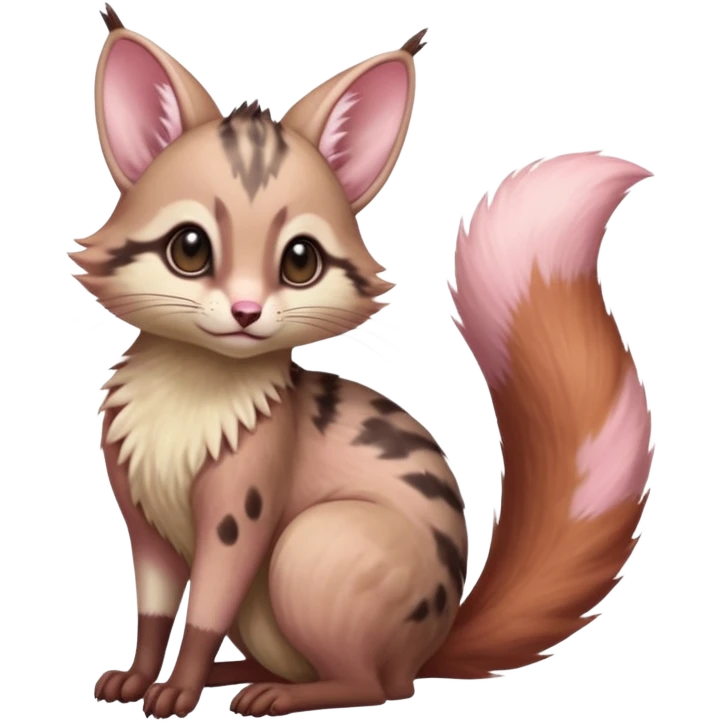 brown-pointed pastel-pink soft natural realistic romantic vintage antique divine beautiful elegant pretty precious cute young youthful  Fakémon-Pokémon-alien-opossum-squirrel-feline-serval-caracal-chinchilla-Minccino-hybrid-creature with a big fluffy bushy tail (full body) emoji