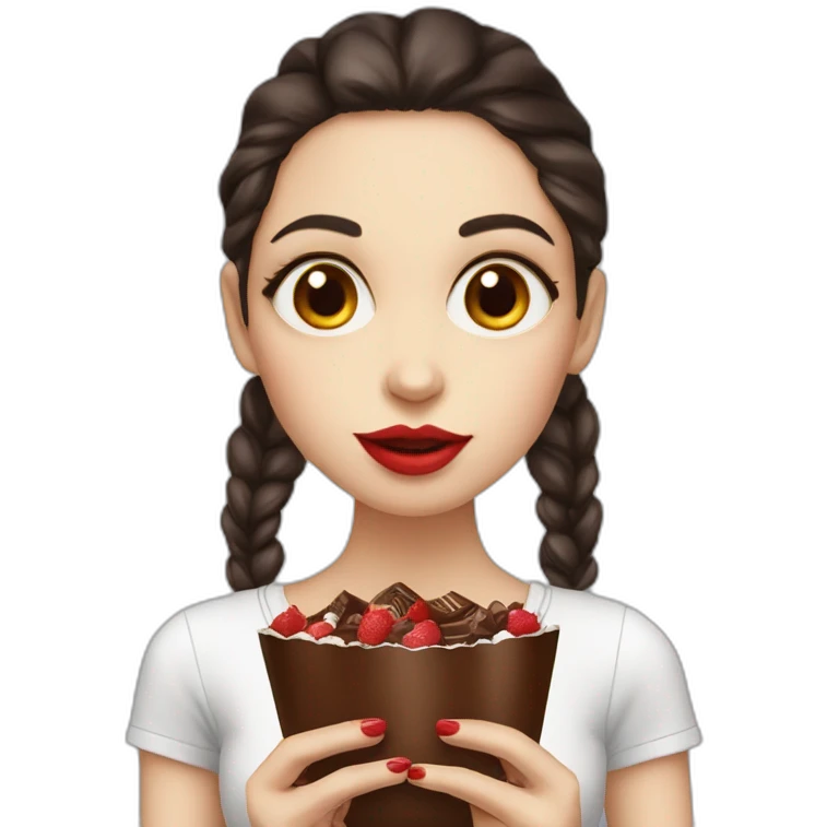 Big eyes dark brown hair red lips long eyelashes woman eating chocolate emoji