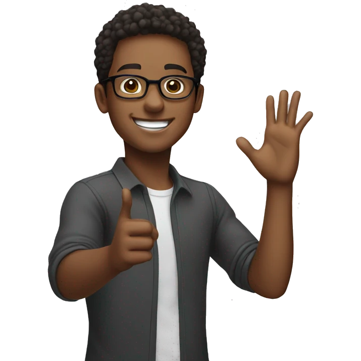 smiling young man who wearing glasses 
 putting hands up  emoji