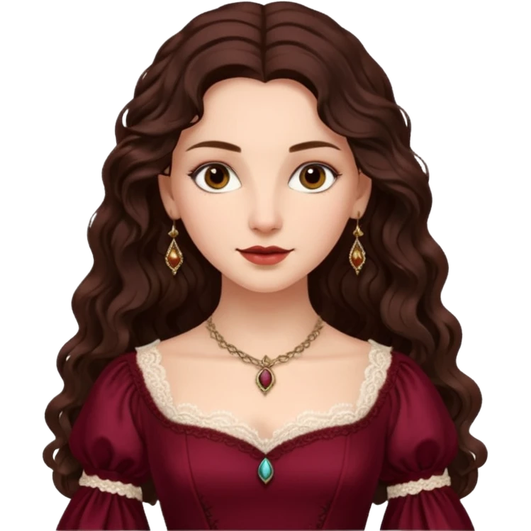 Renaissance lady – long dark brown wavy hair, burgundy gown with lace neckline emoji