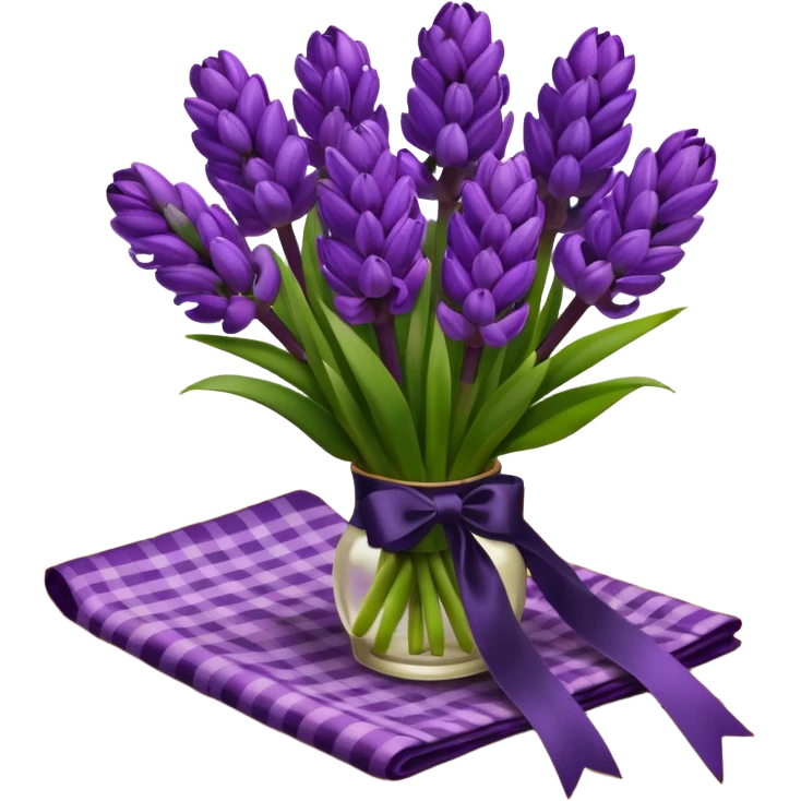 A lush bouquet of bright prple color Hyacinths black satin ribbon, resting on an antique wooden table, with a pale yellow and pink plaid pattern table cloth emoji