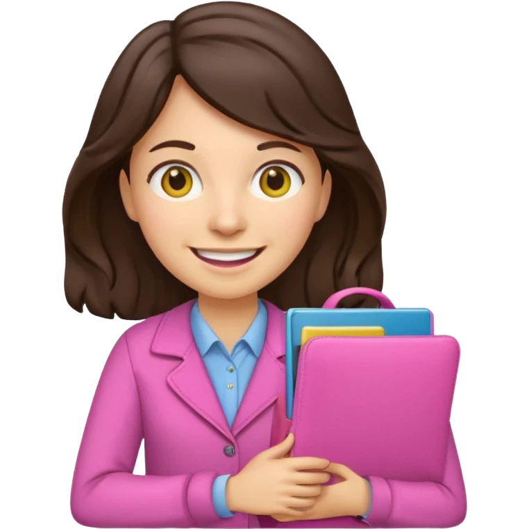 Teacher emoji but : wavy dark brown hair, light western skin, no glasses, dark eyes, with a computer folder in the hand (color is yellow), being a teacher, wearing pink backpack, smile with teeth





 emoji