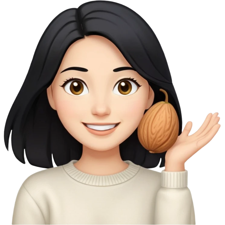 A woman with longer black hair, light to medium skin tone, full cheeks, and almond-shaped eyes, wearing a simple white sweater, joyful and radiant expression, cheerful, smiling. emoji