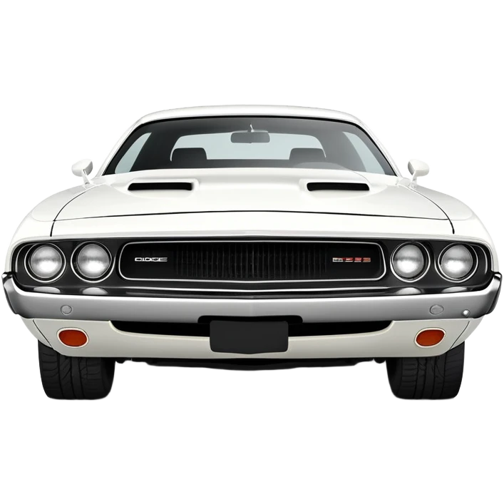 Solid white 1971 Dodge Challenger viewed from 30-degree angle, showcasing front grille and side profile, completely white paint job, Death Proof movie car, iOS emoji style emoji