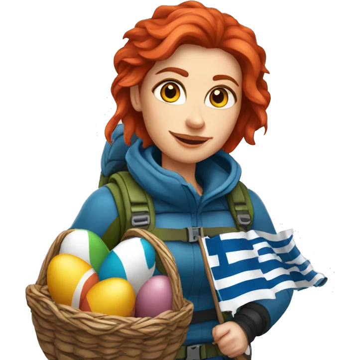 Female winter mountaineer red hair climbing with Greek flag and holding Easter eggs basket emoji