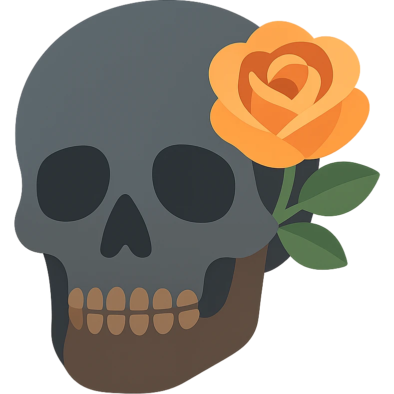 A dark, grey skull with sharp, angular features and a mysterious, haunting aura, featuring a rose delicately placed in one of its hollow eye sockets. The skull is in shades of grey, accented with soft tones of golden orange (FA9B41), forest green (4A7C5C), muted taupe brown (96775A), and pastel peach (FFCC9A). The rose, vibrant in its peach and orange hues, contrasts with the cold, eerie grey of the skull, its petals unfurling gently around the eye socket. The background is dim and shadowy, with a faint, mystical glow illuminating the skull and rose, adding to the gothic and slightly surreal atmosphere. The scene feels both haunting and beautiful, with a touch of elegance. emoji