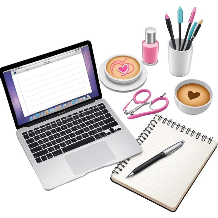 top view of a MacBook with a beauty salon logo on the screen, a notebook with one page filled with notes, and a pen laying on the notebook emoji