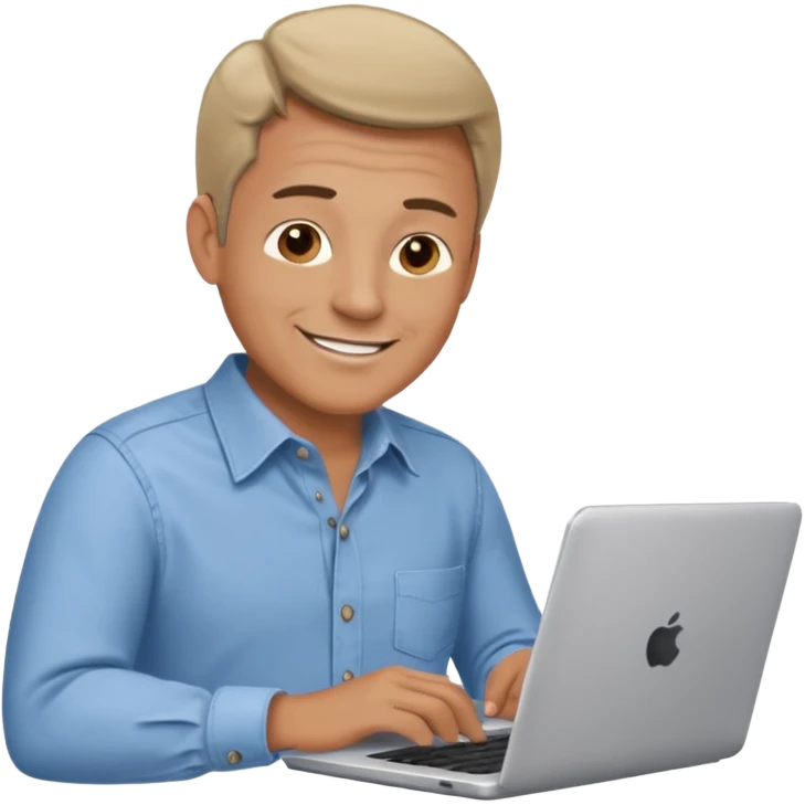 middle aged man looking at laptop and writing and smiling emoji