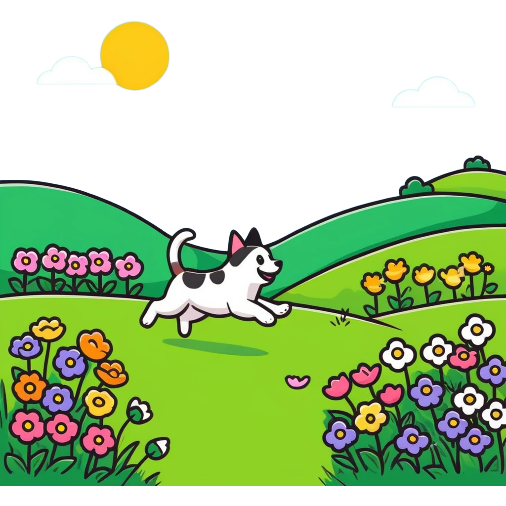 dog chasing cat in a sunny meadow with flowers emoji