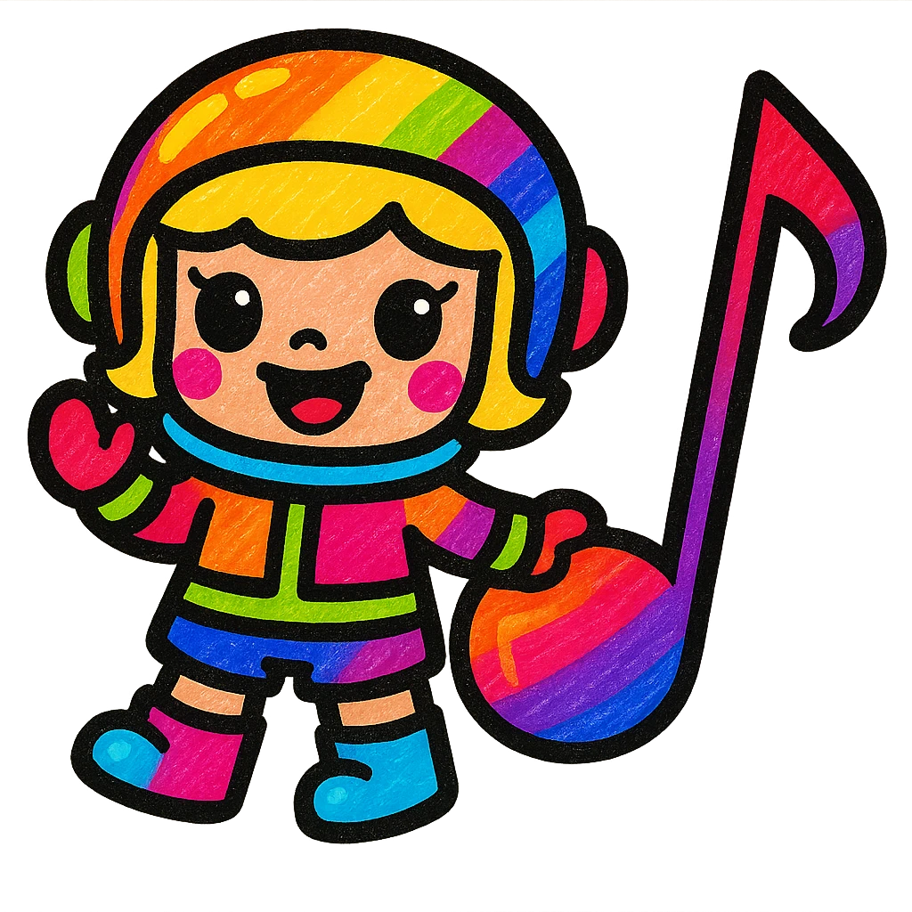 Add more vibrant colors to Popmart Space Molly as a Rednote emoji, keep playful and musical vibe, make helmet, suit, and musical notes multicolored, maintain cute cartoon style, no background. emoji