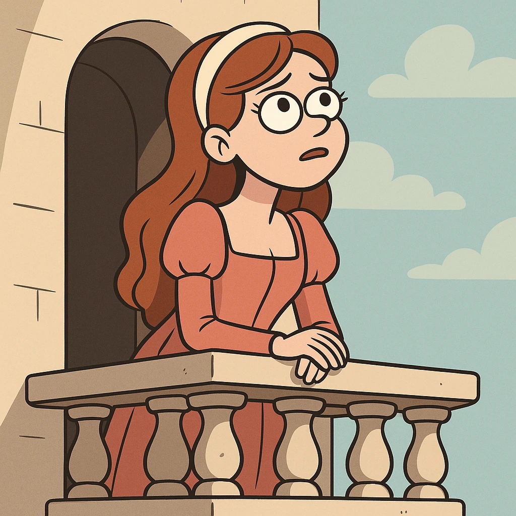 flat toon style Juliet on a balcony emoji