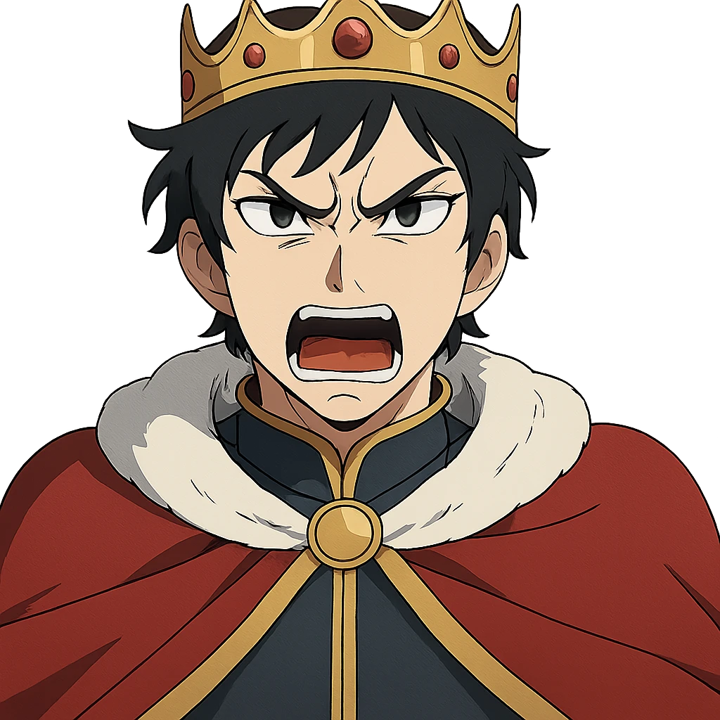 angry prince with crown, white skin, dark eyes, dark hair, anime style emoji