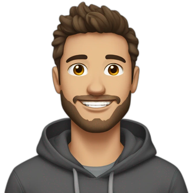 young man  fit with short beard smiling medium long curvy rockabilly style brown hair with light skin and dark brown eyes wearing dark gray sweatshirt hoodie emoji
