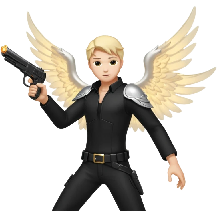male Angel dual-wielding pistols, shooting, dynamic action pose, glowing wings, black clothes no background














 emoji