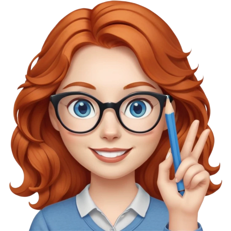 redheaded woman with long wavy hair, blue eyes, cat-eye glasses, casual outfit, holding a pencil, smiling, waving emoji