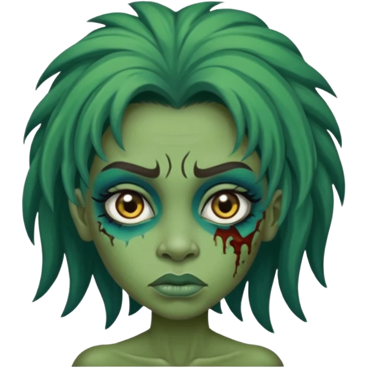 Faça um zumbi feminino, com cabelo loiro e olho azul, com algumas feridas abertas no rosto, cabelo longo, e pele verde, um rosto sem expressão emoji