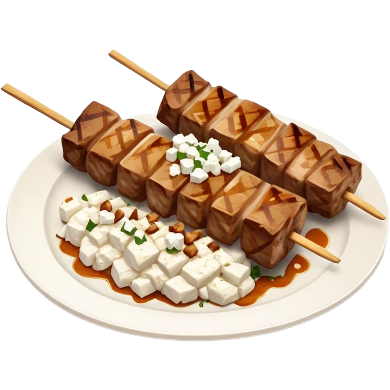 Souvlaki Cinematic Realistic Souvlaki Dish Emoji, depicted as skewered, grilled meat served with a side of crumbled feta cheese, rendered with rich textures and dynamic, appetizing lighting. emoji