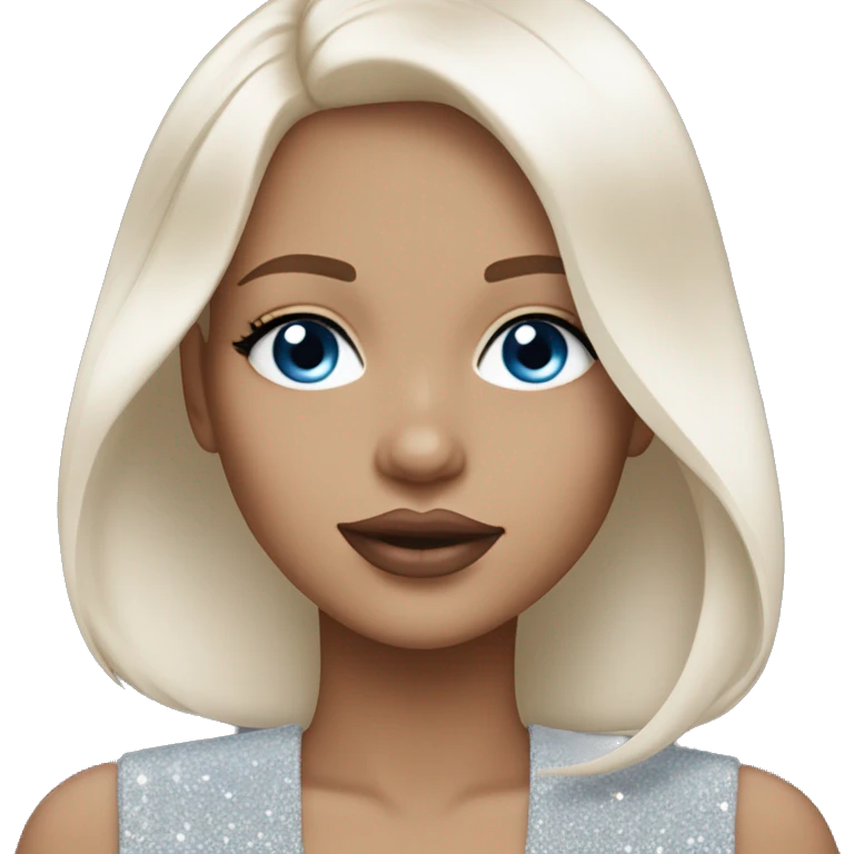 Girl medium length white straight hair, blue eyes, light pink beige glittery lips emoji