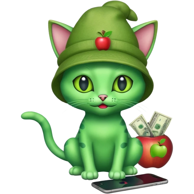 An alien cat with an apple hat with cash all around it emoji