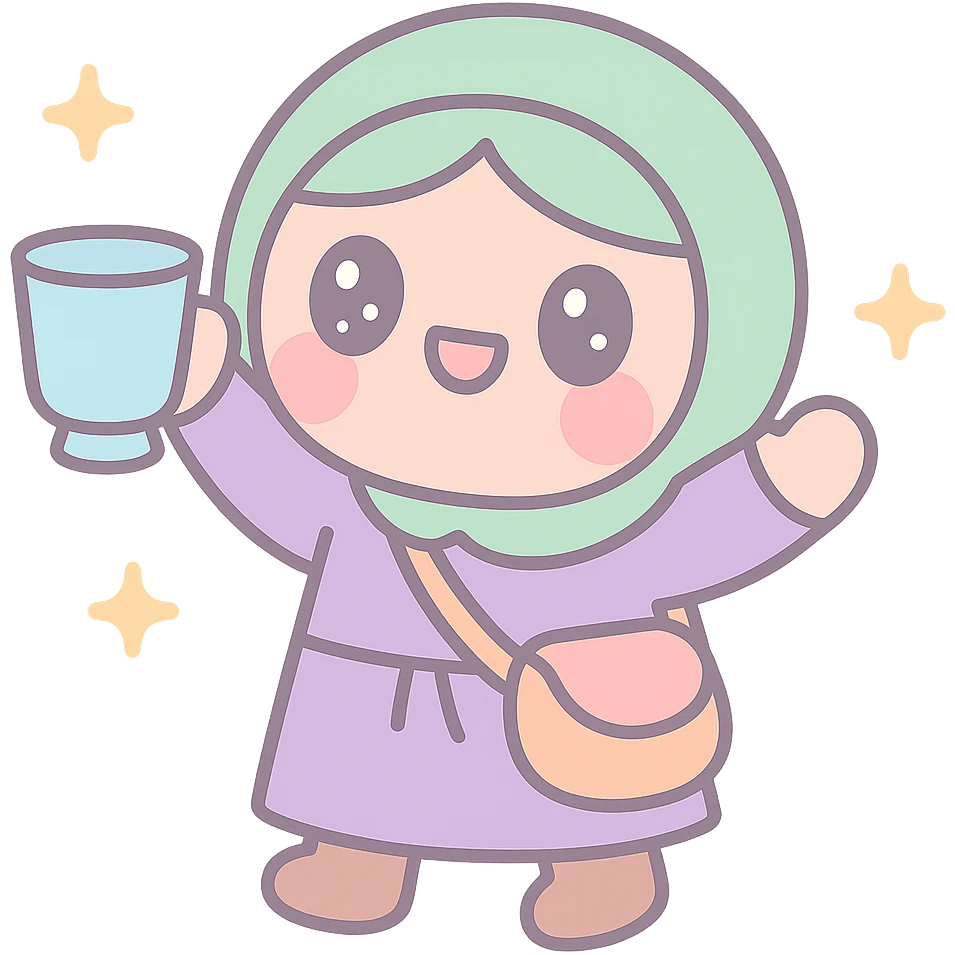 super cute medieval pilgrim celebrating with a cup, kawaii style, round shapes emoji