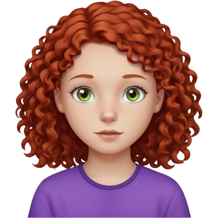 pale white teen girl with light blueish green eyes and freckles with brownish red curly middle part hair and purple shirt emoji