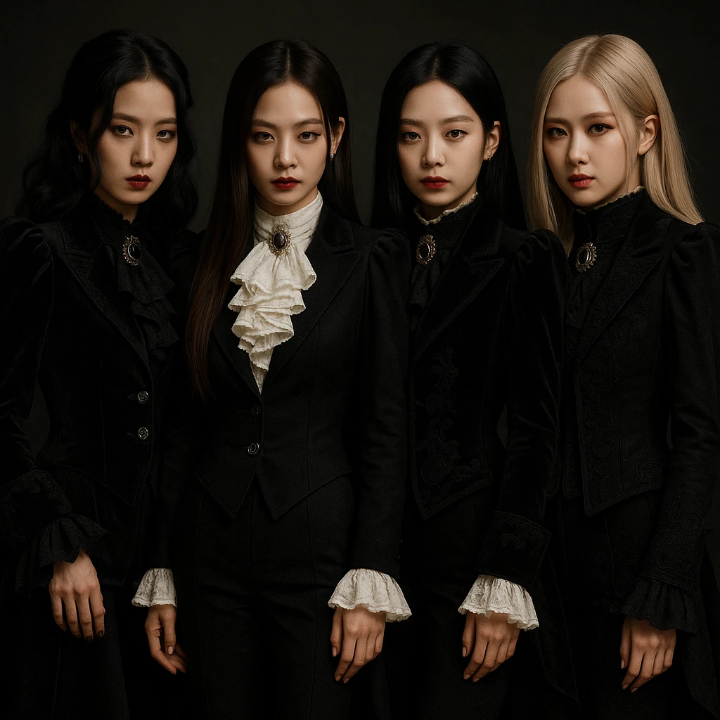 Blackpink in aristocrat goth style, elaborate suits, ruffles, regal and dark emoji